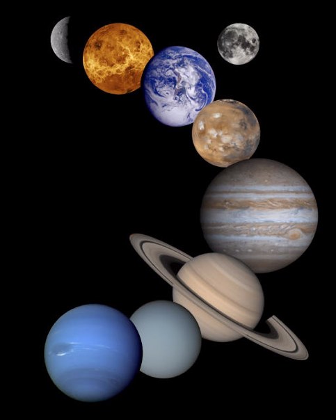 Montage of the Planets and Earths Moon. Mercury to Neptune are Included.